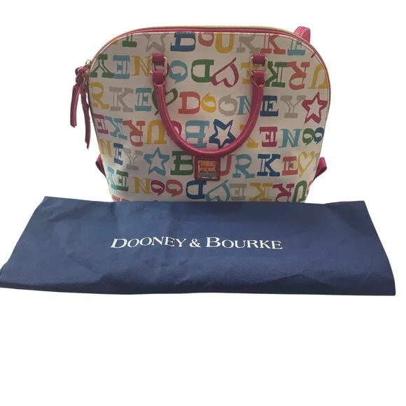 Dooney & Bourke Multicolor Logo Canvas Satchel With Pink Leather Trim & Dust Bag - Picture 2 of 16